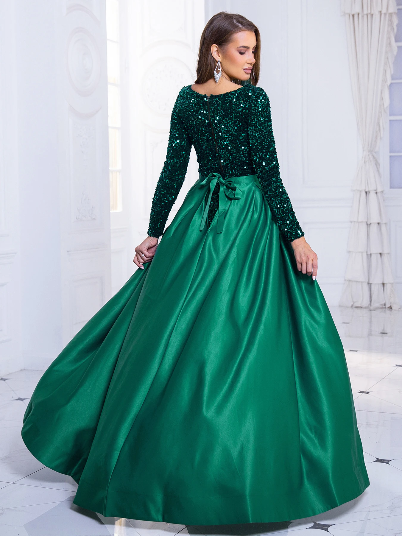 Red Long Sleeve O Neck Stretch Sequin Party Dress Floor Length Evening Night Prom Gown with Detachable Lace Up Skirt Green Black