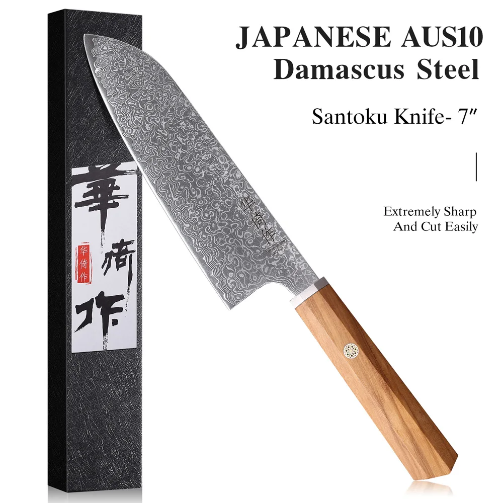 7-Zoll Japanisches Santoku-Messer aus 67-Lagen-Damaszenerstahl, Handgefertigtes Profi-Kochmesser, Küchen-Fleischmesser mit Olivenholzgriff