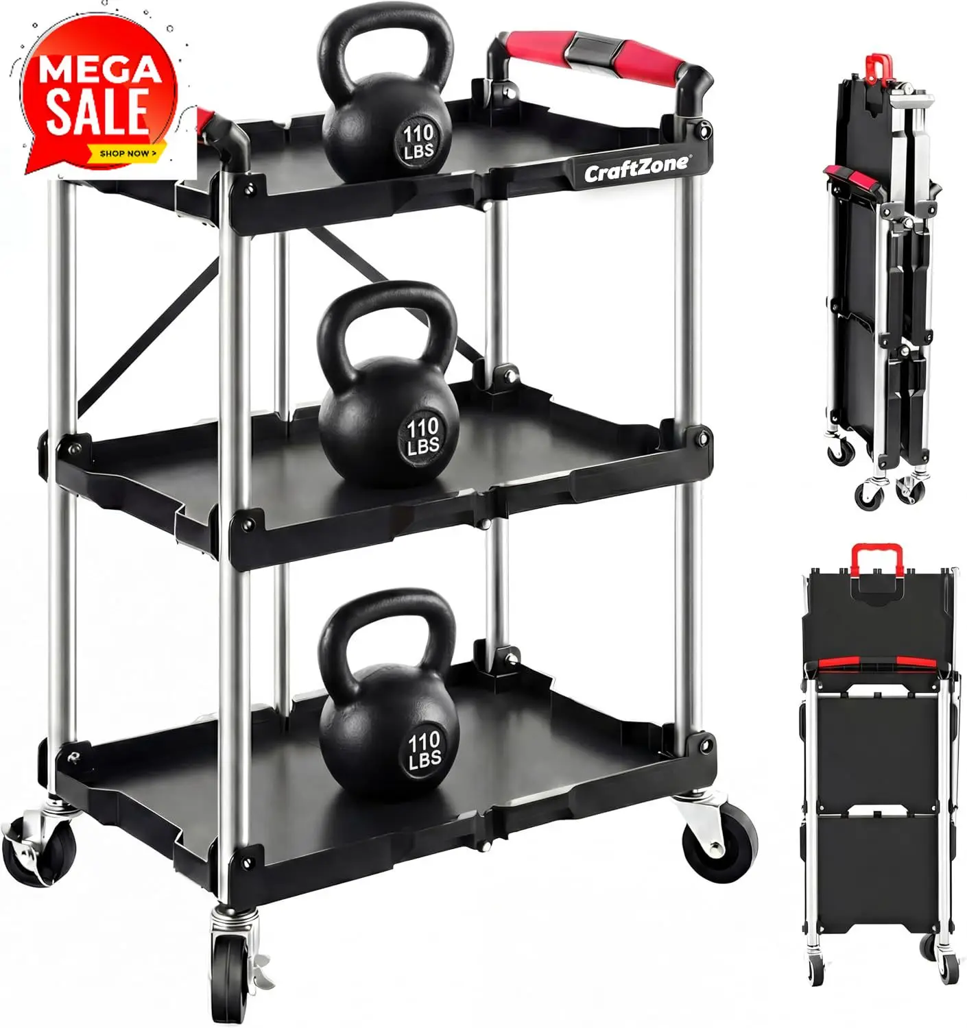 Folding Service Cart,Rolling Utility Cart,330 LBS Collapsible Service Cart,3 Shelf Heavy Duty Foldable Tool Cart