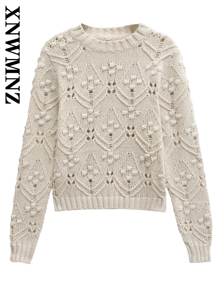 XNWMNZ-Pull évidé en tricot pour femme, haut à col rond, manches longues, vis filetée, décontracté, solide, document, mode féminine, automne, 2024