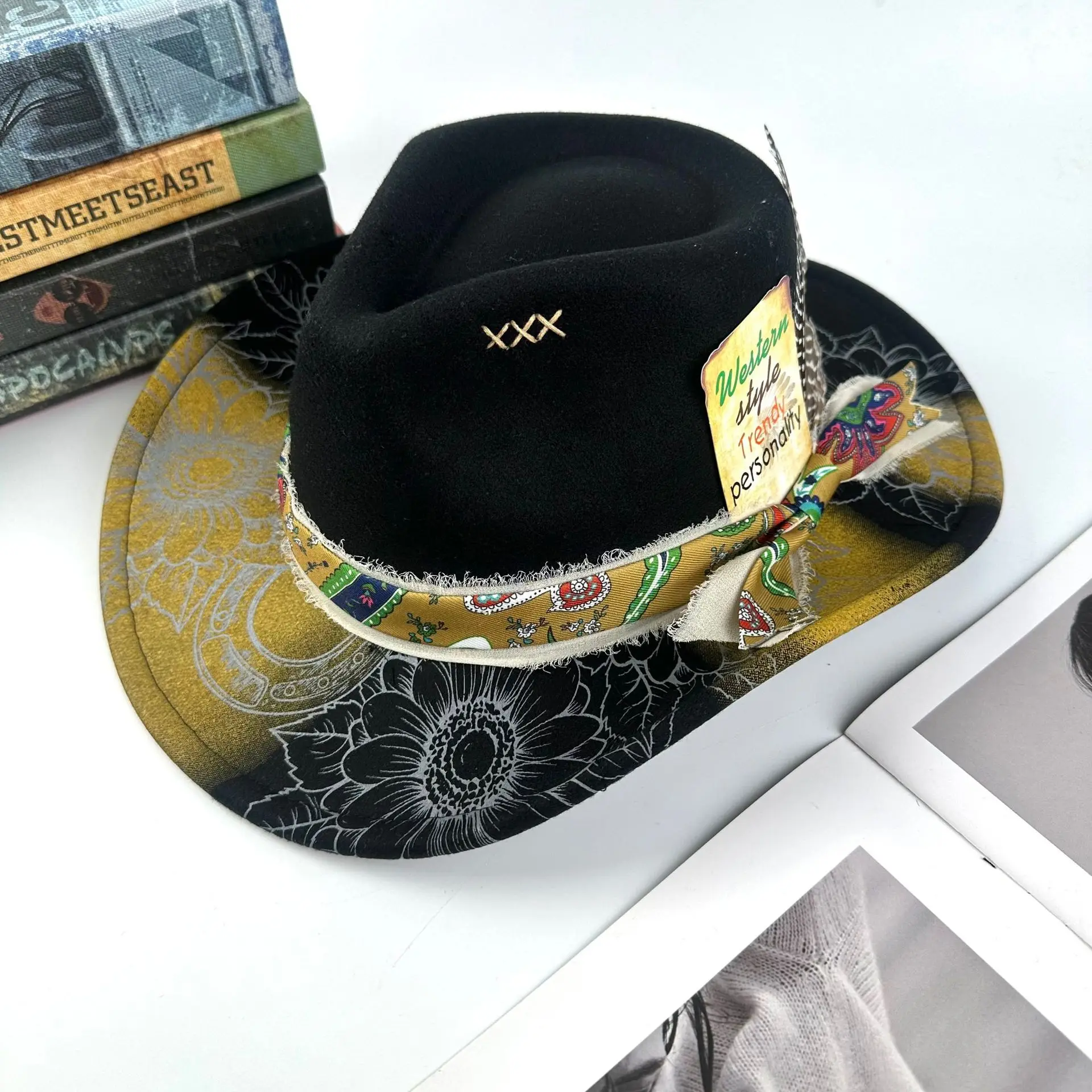 Gradiënt Spray Paint Brede Rand Cowboyhoed Verenlint Vilt Wol Fedora voor Vrouwen Feest Bruiloft 2025, Nieuwe Mode ​