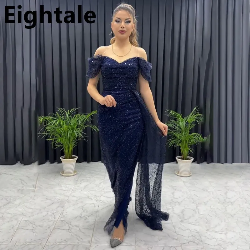 

Eightale Navy Blue Mermaid Off Shoulder Prom Dress Sequins Evening Dress Abiye Formal Party Gown Vestidos de gala