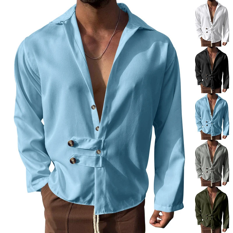 Men's Long Sleeve Lapel Button Beach Shirt T-Shirt Casual Long Sleeve Loose Cardigan Shirts Summer Streetwear Clothing Tees Tops