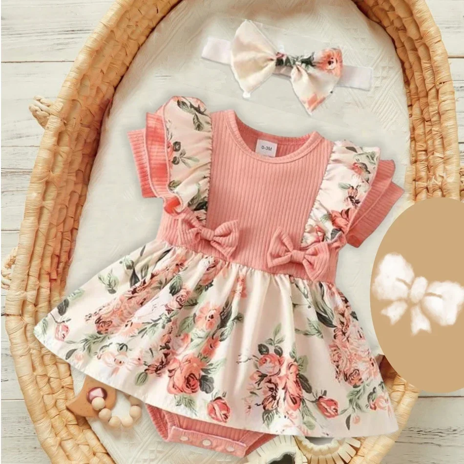 Summer Dress With Bowknot headband Striped Jumpsuit Cotton Dress For Floral Clothes Crawling Clothes 6