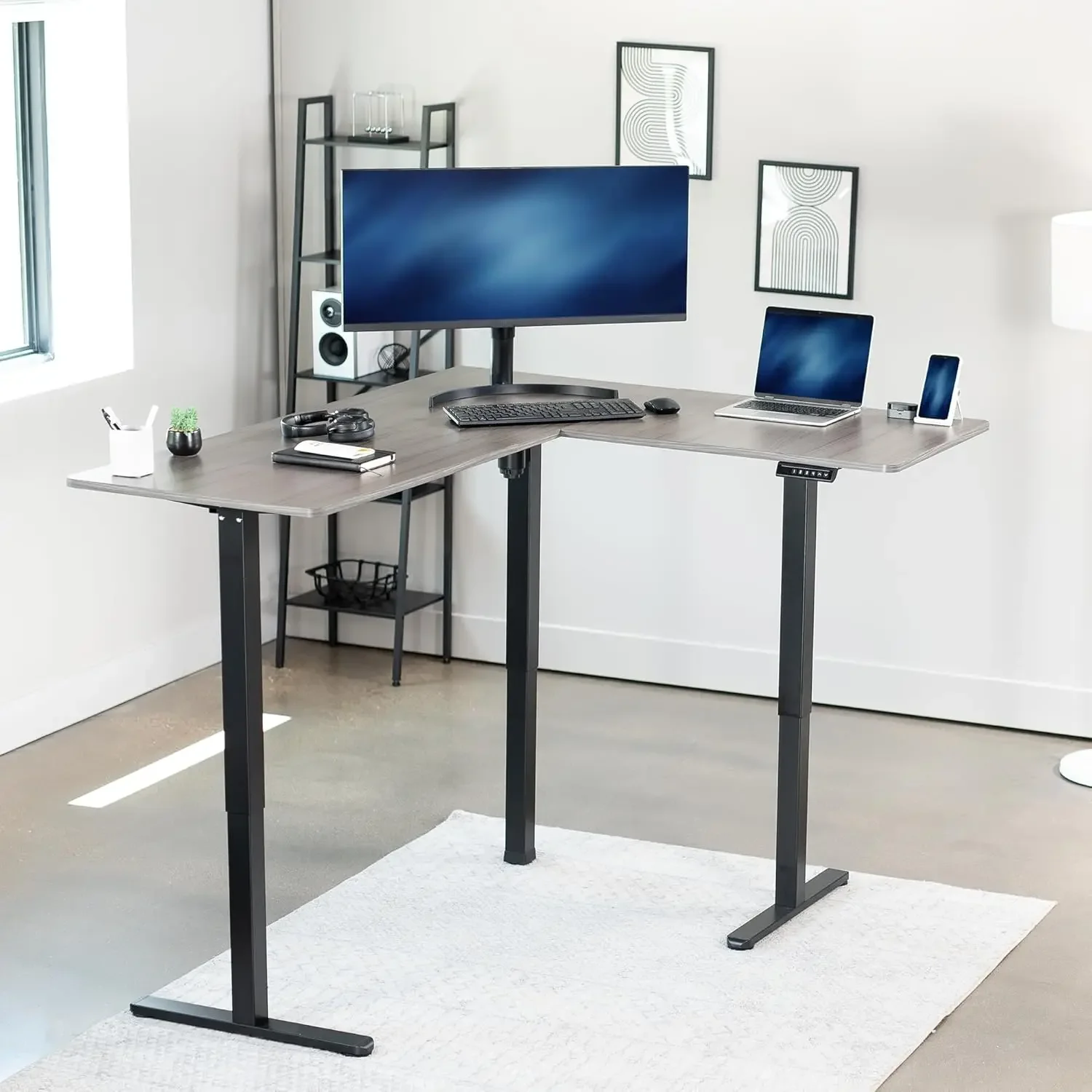 VIVO Electric Height Adjustable 63 x 55 inch Corner Stand Up Desk, Gray Table Top, Black Frame, L-Shaped Standing Workstation, 3