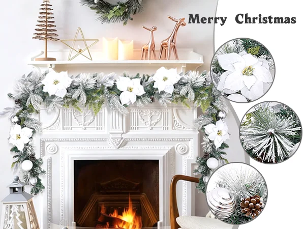 

Battery Operated 9ft Christmas Garland 100 LEDs for Easy Placement Pre-Lit with Flowers, Balls & Pinecones for Stairs, Mantle