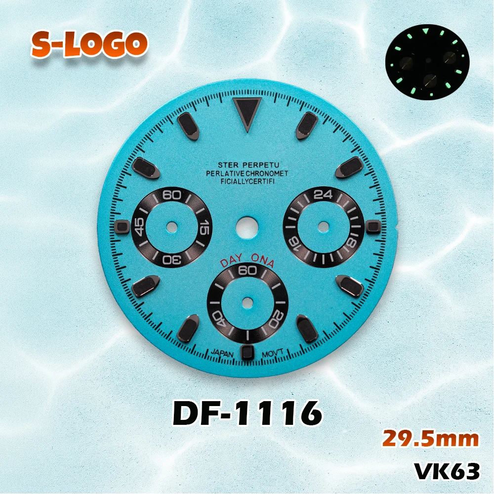 Versatile Panda Chronograph Dial 29.5mm for VK63 | Green Luminous, S Logo | Men's Watch Modification Accessories