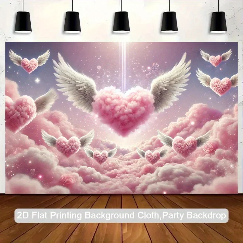 1 أجنحة الملاك الوردي الفاتح والأبيض على شكل قلب نسيج مسطح ثنائي الأبعاد - خلفية صورة ذاتية اللصق مع فيونكة كيوبيد #6