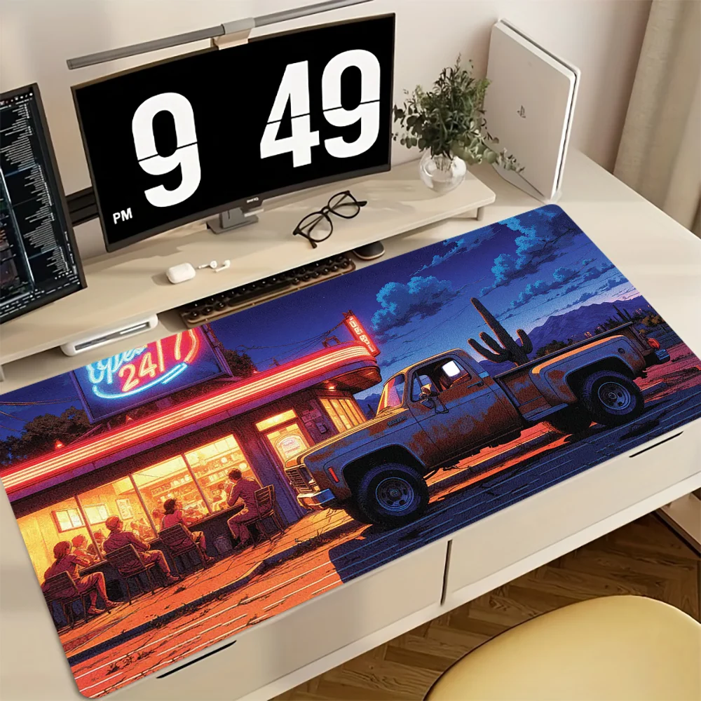 Neon Diner Glow mouse pad: Weathered Truck Under Twilight, Radiating Vintage Americana Roadside Charm for Your Desk