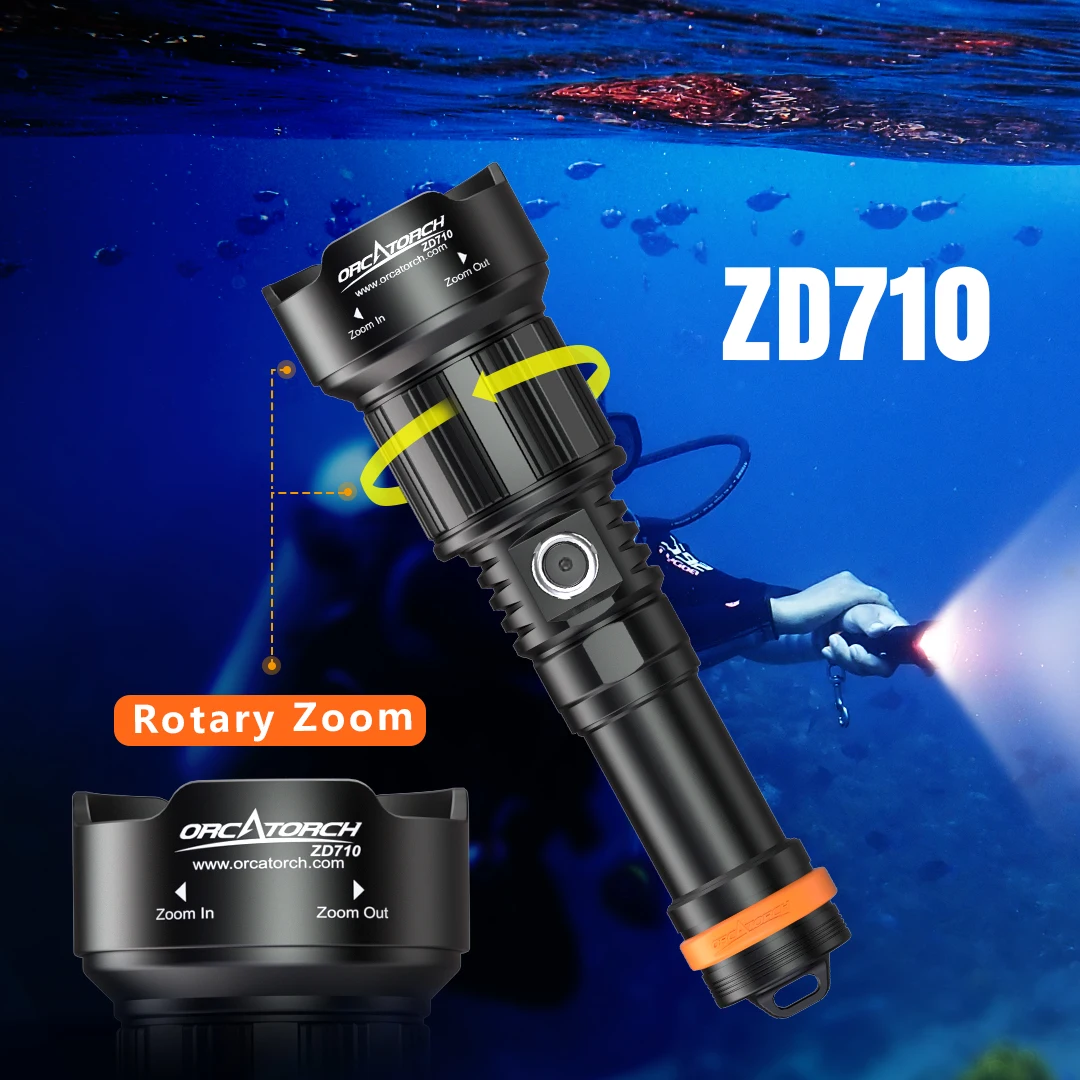 OrcaTorch ZD710 Senter Selam Lentera Lampu Menyelam Bawah Air Senter Selam Scuba 3000 Lumen Profesional untuk Menjelajahi Gua