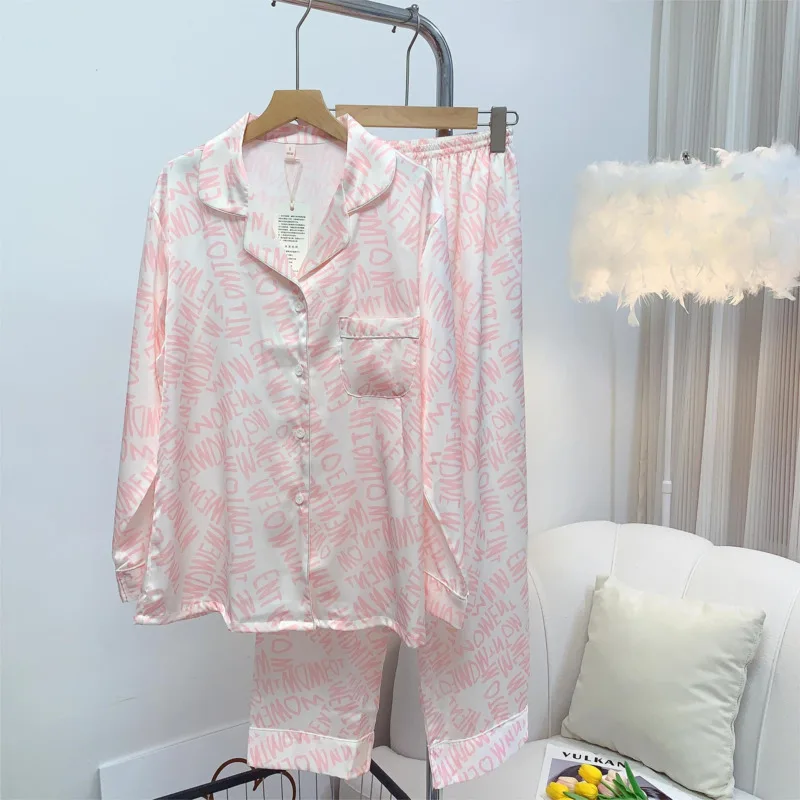 Pink Letter Star The Same Nightgown Women's Pajamas Long Sleeve Pants Pink Letter Homewear Ice Silk Pyjamas Sets