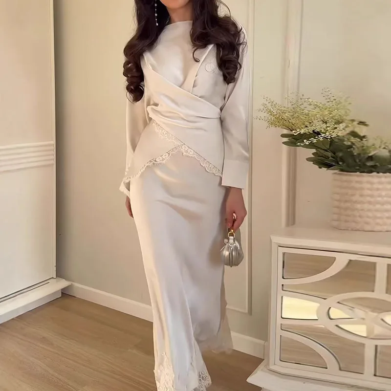 

Office Lady Color Blocked Set Temperament Satin Lace Irregular Tops&Half Skirts Set Elegant Long Sleeve Slim Commute 2 Piece Set