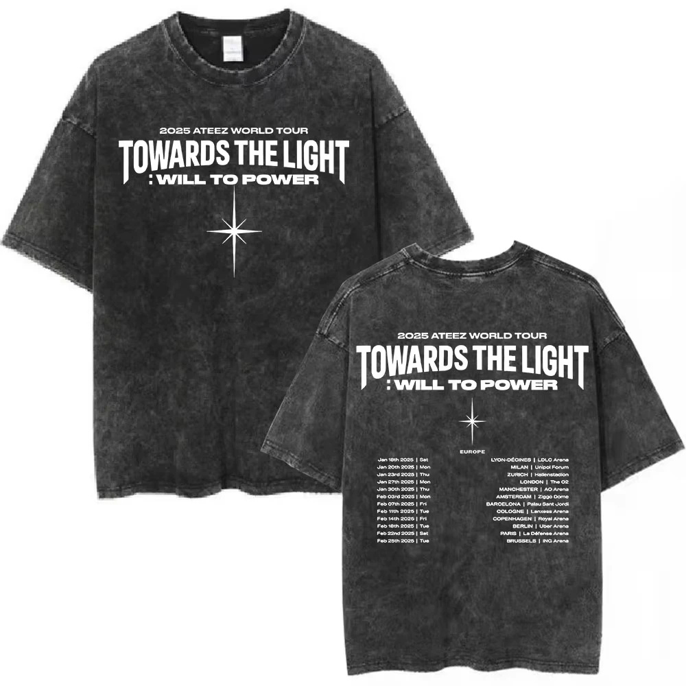 

2025 Ateez World Tour Towards The Light: Will To Power Vintage Washed T-shirts Men Women Korean Kpop T Shirt Cotton T-shirt Tops