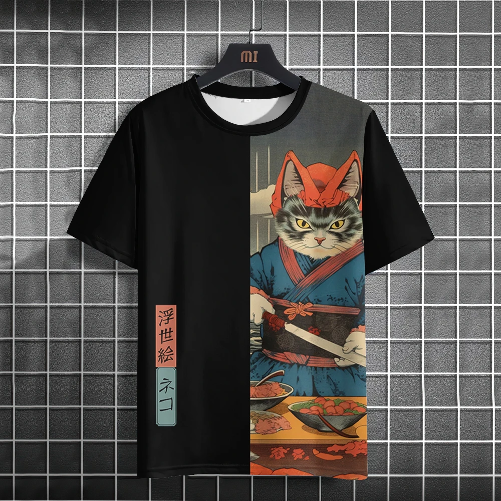 Ukiyo-E Animal Print Men\'s T-Shirt Summer Short Sleeve T-Shirt For Men Retro Men Top Casual Man Clothing Loose Oversized Tee Top