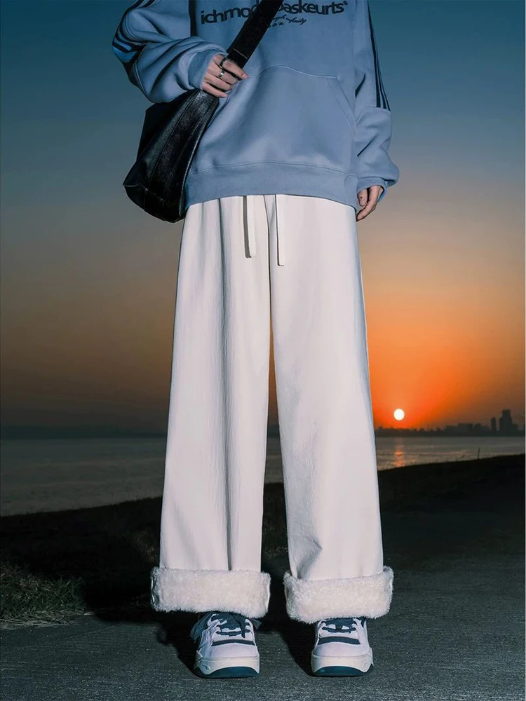 

Thiened Winter Cotton Pants for Men Youth Casual Loose Straight Leg Windproof Outerwear Trousers with Fce for Teens