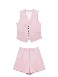 TRAFZA-Ensemble de Short en Fibre de Lin pour Femme, Bouton Monochromatique, Élégant, Vintage, Décontracté, Col en V, Verhéritage Chic, Tenue de Bureau, 2024