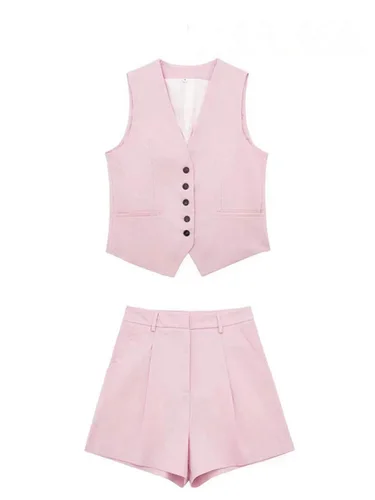 HH 2025 Conjunto de pantalones cortos de lino sin mangas con botones lisos elegantes para mujer, conjunto de chaleco elegante informal Vintage con cuello en V, traje de oficina para mujer