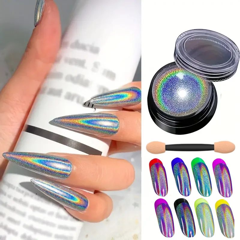 1Jar Holographic Mirror Nail Glitter Powder Extra Fine Laser Effect Chrome Nail Powder Shiny Aurora Mirror Pigment Dust For Nail