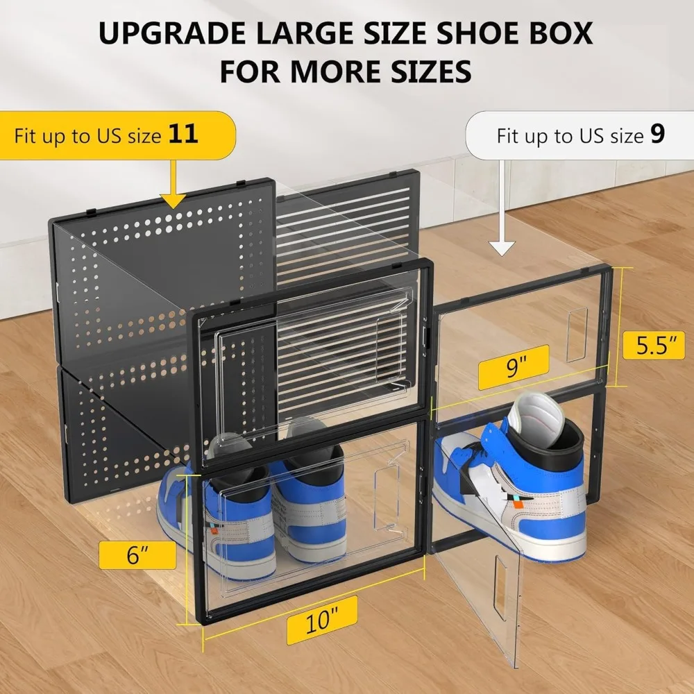 12 Pack Large Clear Plastic Shoe Storage Boxes, Stackable Modular Organizers with Lids for Closet Space Saving