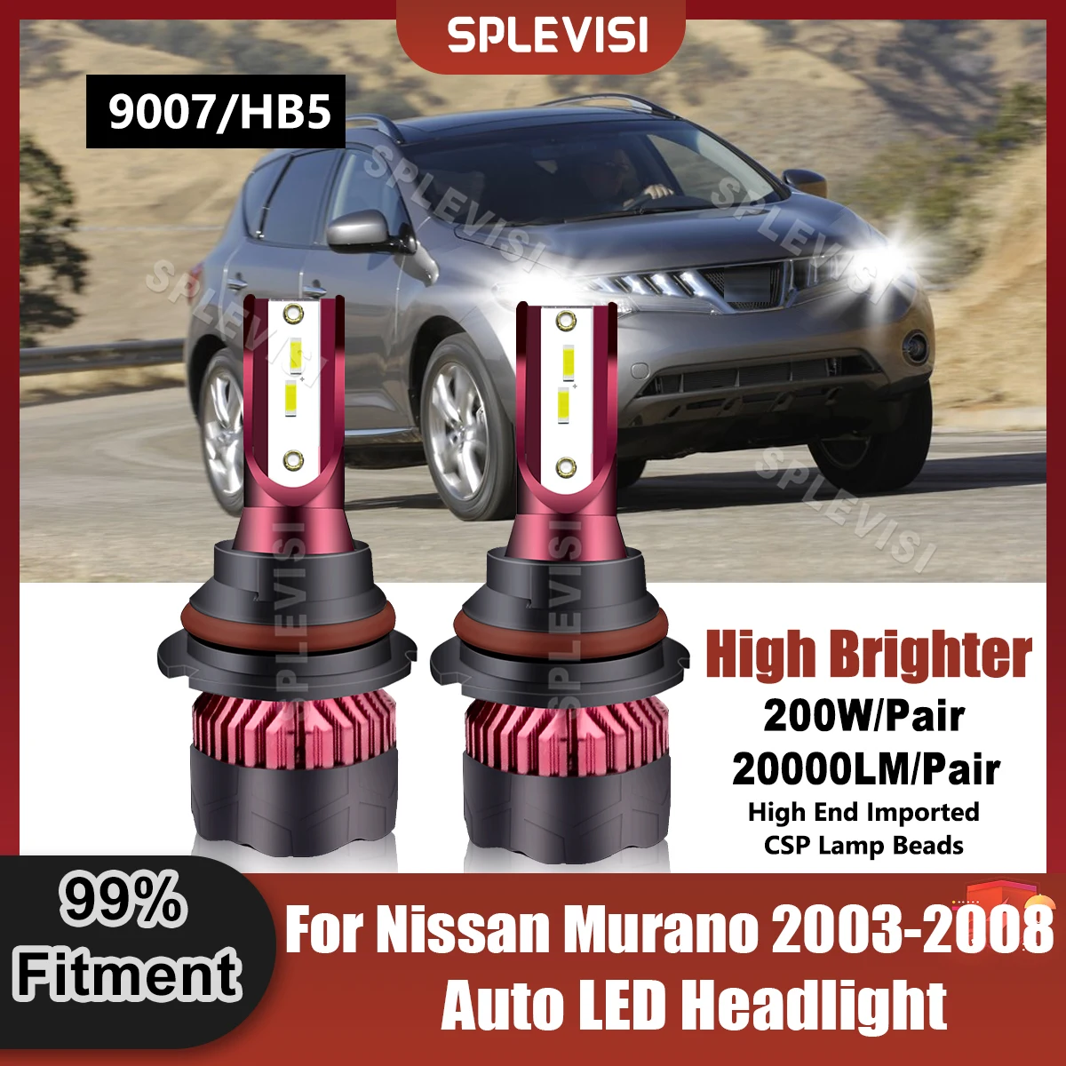 

2Pcs 6000K HID White LED Headlight Bulbs 9007/HB5 200W 20000LM For Nissan Murano 2003 2004 2005 2006 2007 2008