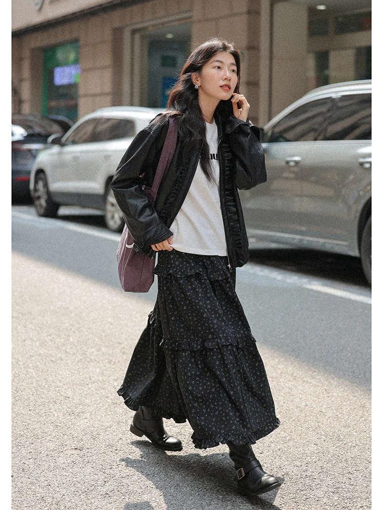 Zwart leren jack dames motorjas met rits, losse pasvorm, lange mouwen, kraag, bovenkleding, modieus voorjaar, nieuwe collectie