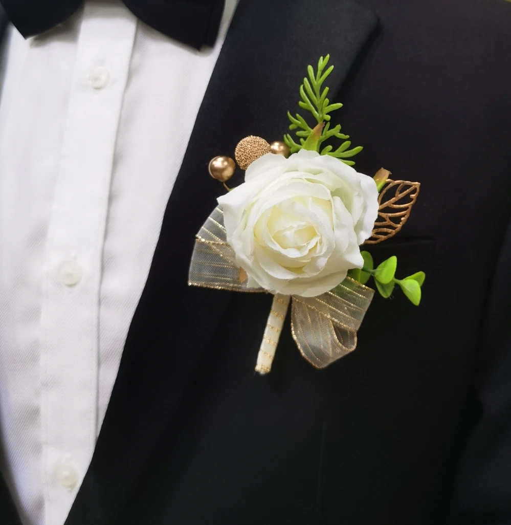 Boutonnieres do casamento branco para Groomsman, estilo ocidental, broche do terno, flores artificiais, acessórios do casamento