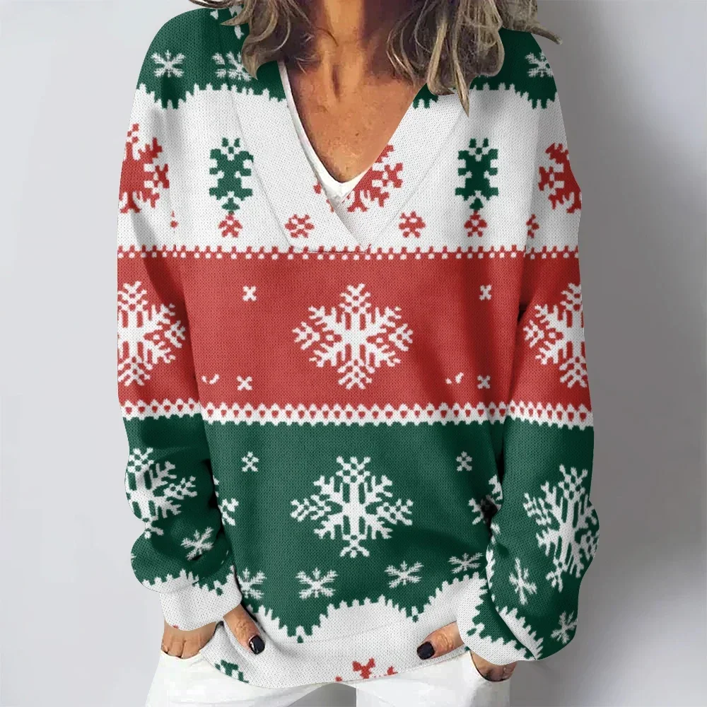 Ugly Christmas Sweatshirts Shiny Women Oversized Deep V Neck Snowflakes Print Elegent Pullovers Sexy Long Sleeve Loose Jumper