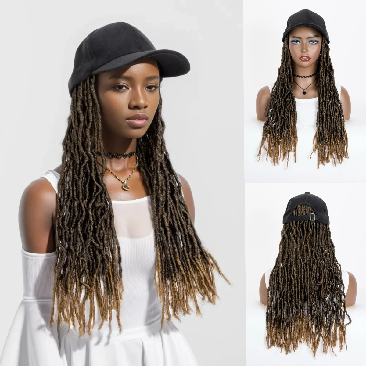 

Synthetic Hot Sale Braided Baseball Cap Ombre Black Blond Soft Nu Faux Locs Wigs With Hair Extensions Hat Wig For Women