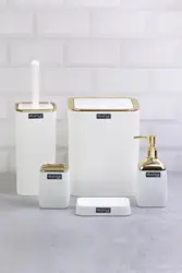 5 Pcs Gold White Bathroom Accessories SetToothbrush Holder Toilet Brush Liquid Soap Dispenser Trash Can Stylish Made in Turkey