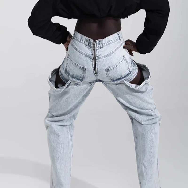 ANJY Letnie Nowe Damskie Modne Jeansy Personalizowane Łączone Wycięcia Zamek Błyskawiczny Niszowy Design Eleganckie Stylowe Codzienne Spodnie Jeansowe A9859