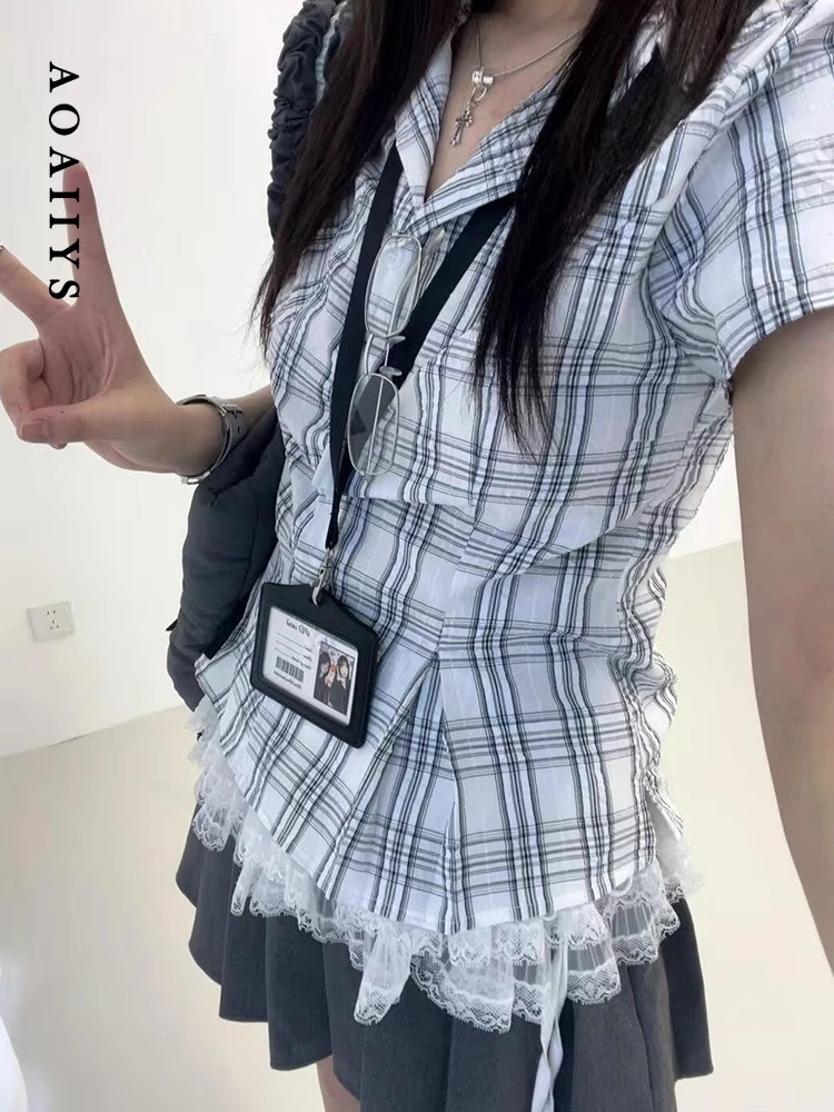 Aoaiiys Plaid Shirts Women Vintage Short Sleeve Tops Turn-down Collar Fashion Blouse 2026 Summer New Simple Classic Chic Shirts