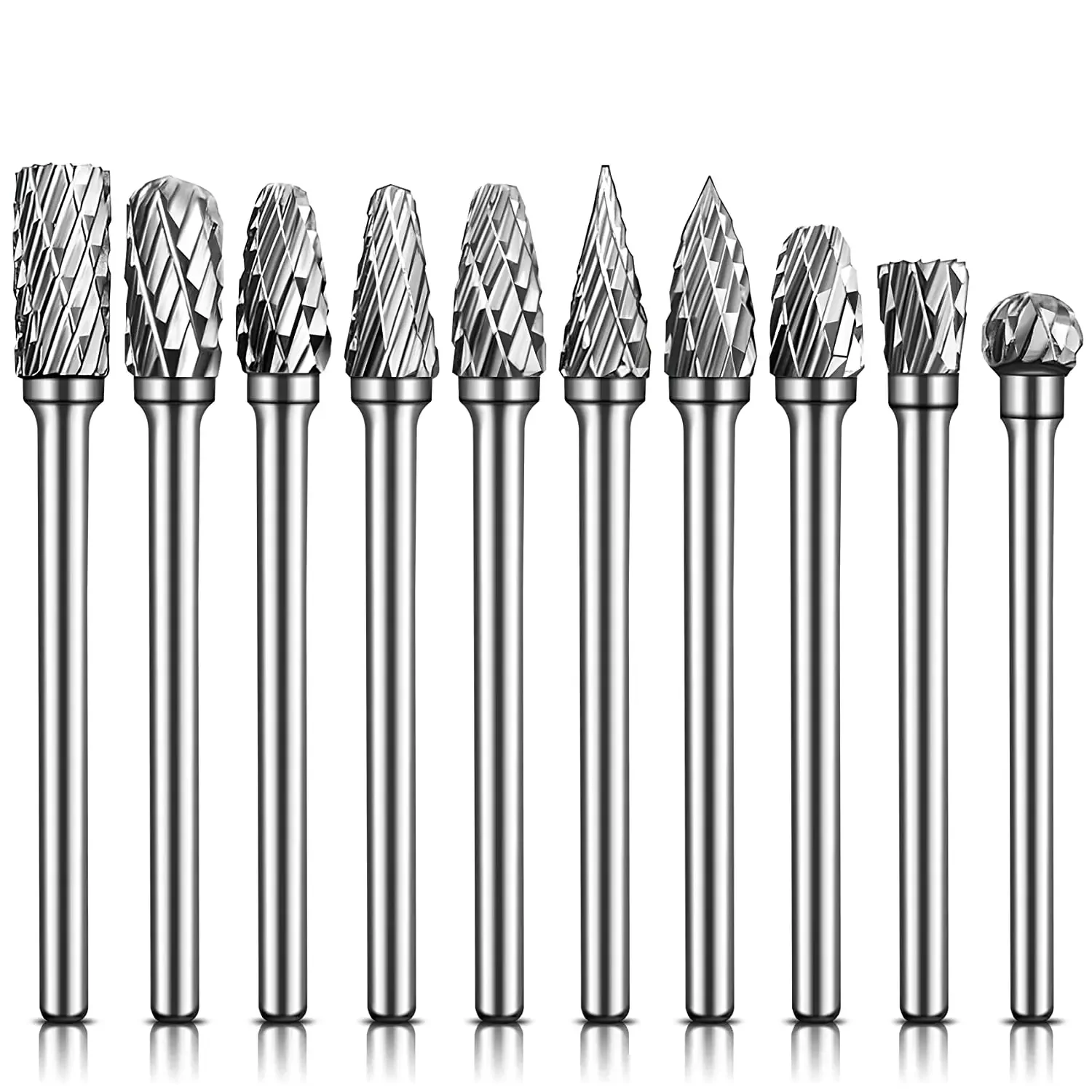 10Pcs 1/8" Shank Tungsten Carbide Milling Cutter Rotary steel cone drill set diamond drill