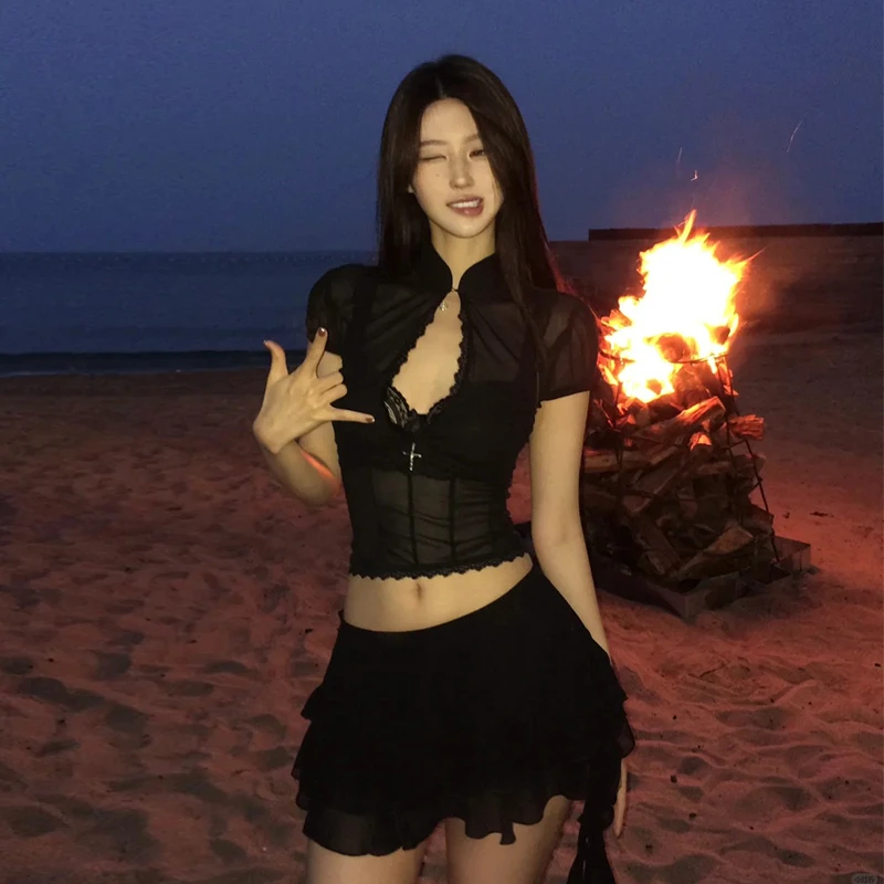 Y2K 미국 섹시 핫걸 투피스 수트 여성용 속이 비치는 레이스 메쉬 셔츠 불규칙 미니 셔츠 레트로 패션 캐주얼 스커트 수트