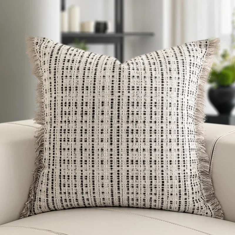 French small fragrance pillow, black and white cotton and linen tassel pillow, modern wabi-sabi style homestay hotel model room,