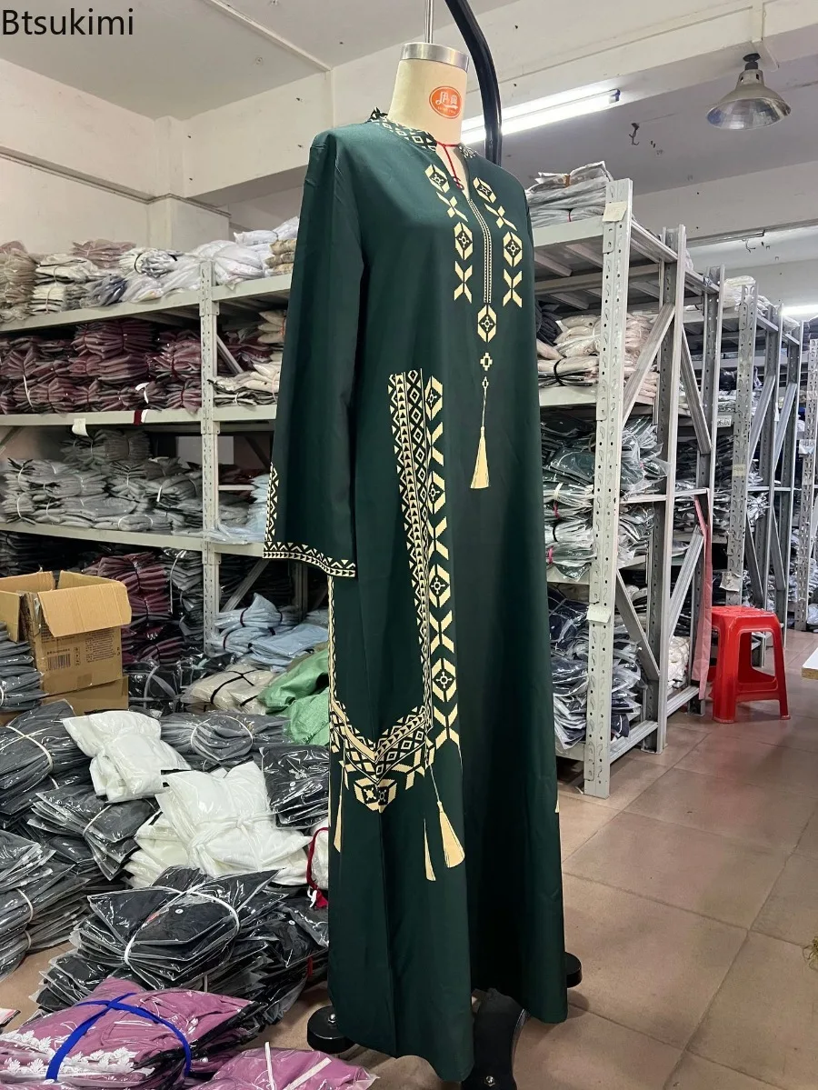 Fashion Muslim Abaya Women's Print V-neck Robe Spring New Long Sleeve Ethnic Style Casual Maxi Dress Arab Elegant Women Clothing 6