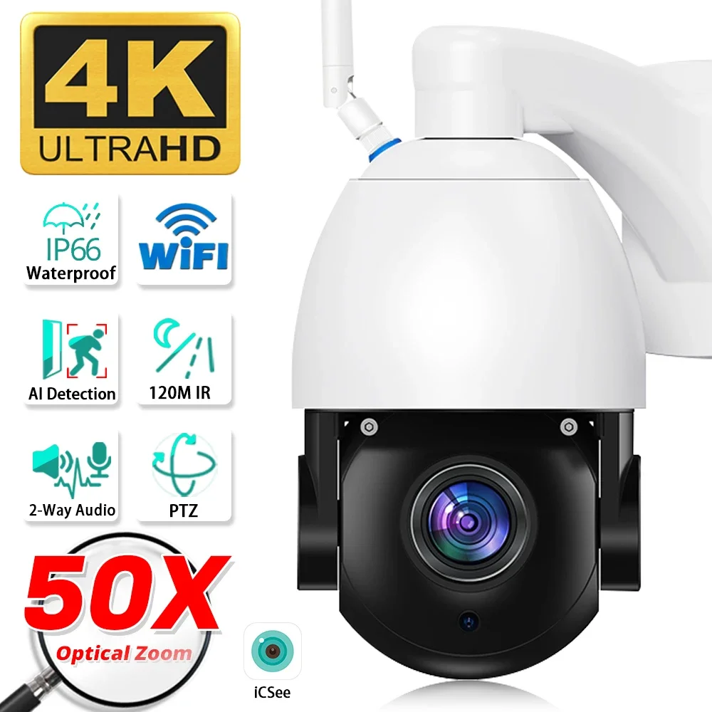 Smart 50X Optical WiFi Surveillance Camera PTZ 4K 8MP HD Video Security IP Camera Wireless CCTV Outdoor Full Metal ICSee app