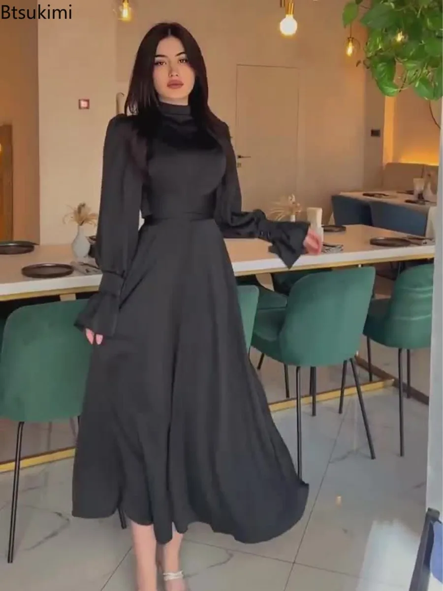 2025Spring New Satin Evening Dresses Women Elegant Lace Up Lantern Sleeve Maxi Dress Fashion Party Vestidos Dubai Arab Long Robe