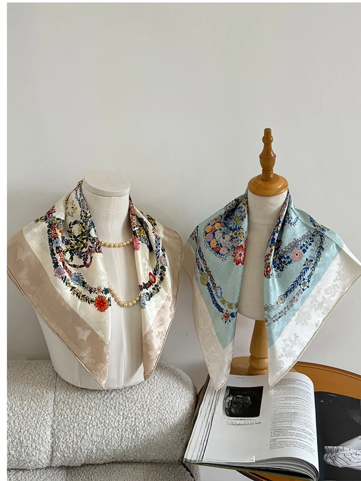 豪華な両面シルクスカーフ-65cm-9匁-花柄ショール-高品質-軽量-本物のシルク-ファッションアクセサリー