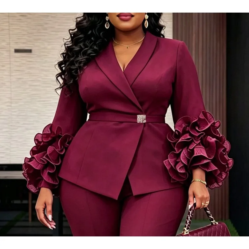 Elegant 2 Piece Suit V Neck Asymmetric Blazer Long Sleeves Waist Belt High Waist Wide Leg Pants Formal Office Business Party Set
