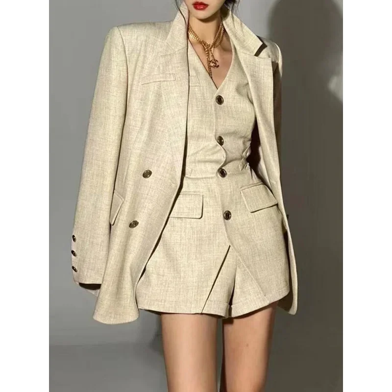 2024 Women\'s Blazer and Vest and Shorts Three Pieces Set Jacket Suits Korean Fashion Office Ladies Clothing for Spring Winter