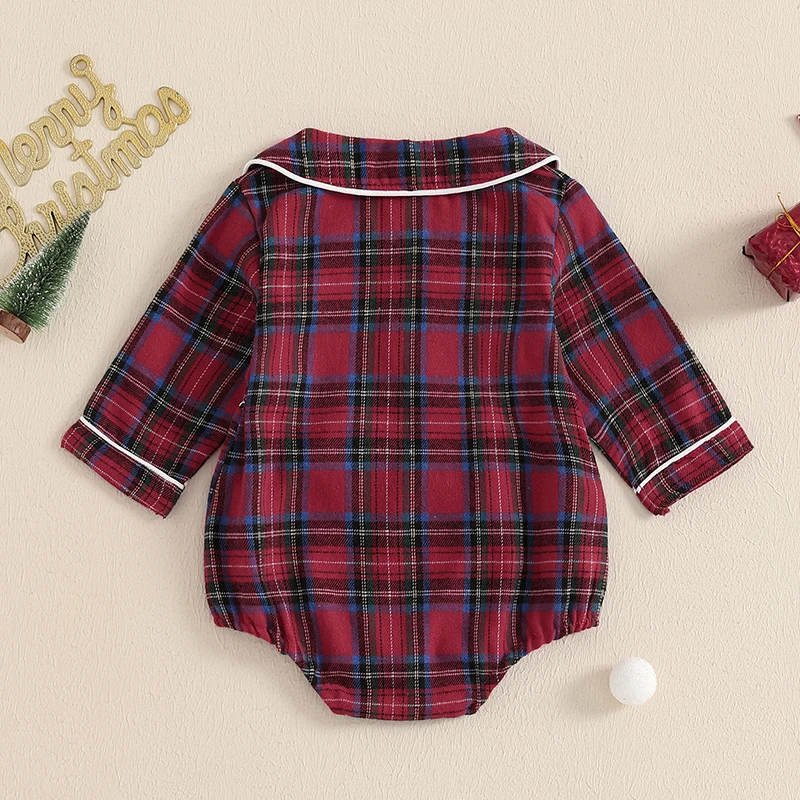 2024-07-26 Lioraitiin Baby Girl Christmas Bodysuit Short Sleeve Doll Collar Plaid Print Romper Newborn Winter Playsuit