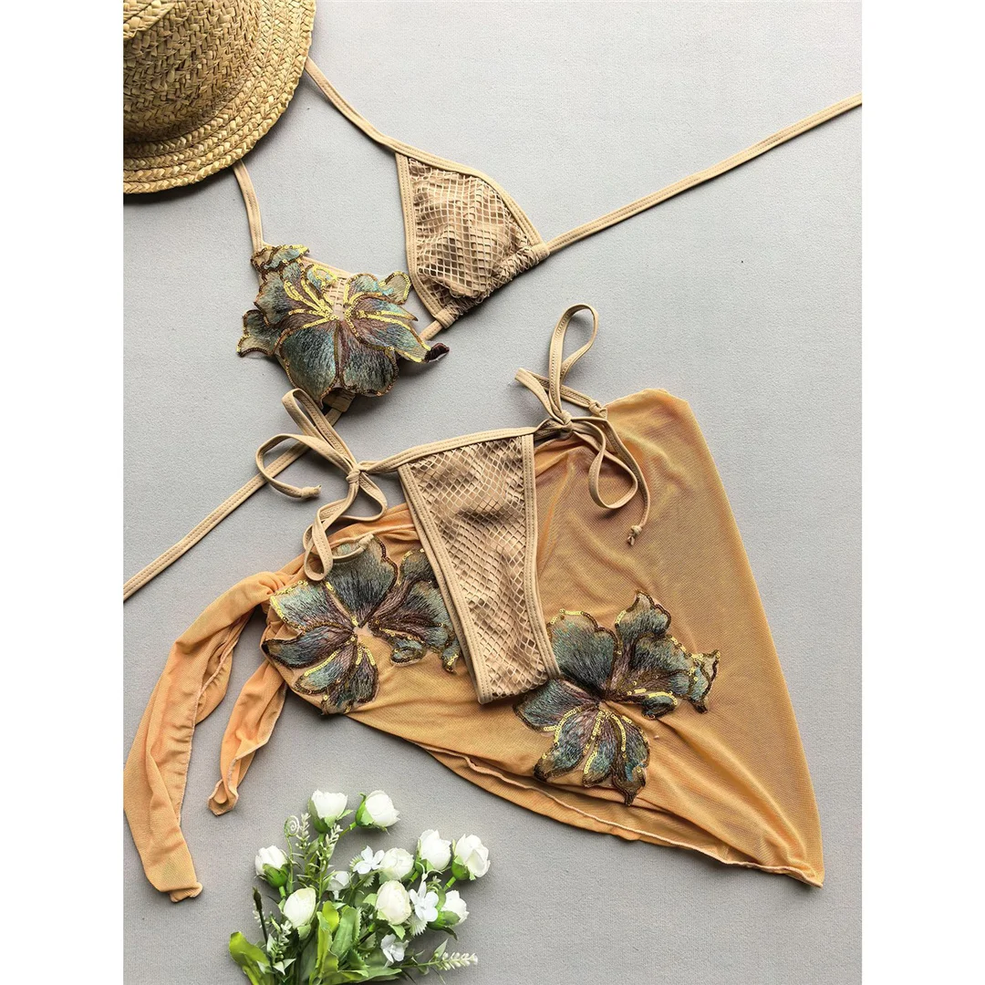 Mit Sarong-Blumenmuster, Neckholder-Bikini, Damen-Badebekleidung, dreiteiliges Bikini-Set, Badeanzug, Badebekleidung, Schwimmbekleidung V7286 – Detail 2