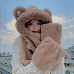 Sombrero de oso de imitación de piel para mujer, gorro de felpa, bufanda, guante, integración, color caqui, Invierno