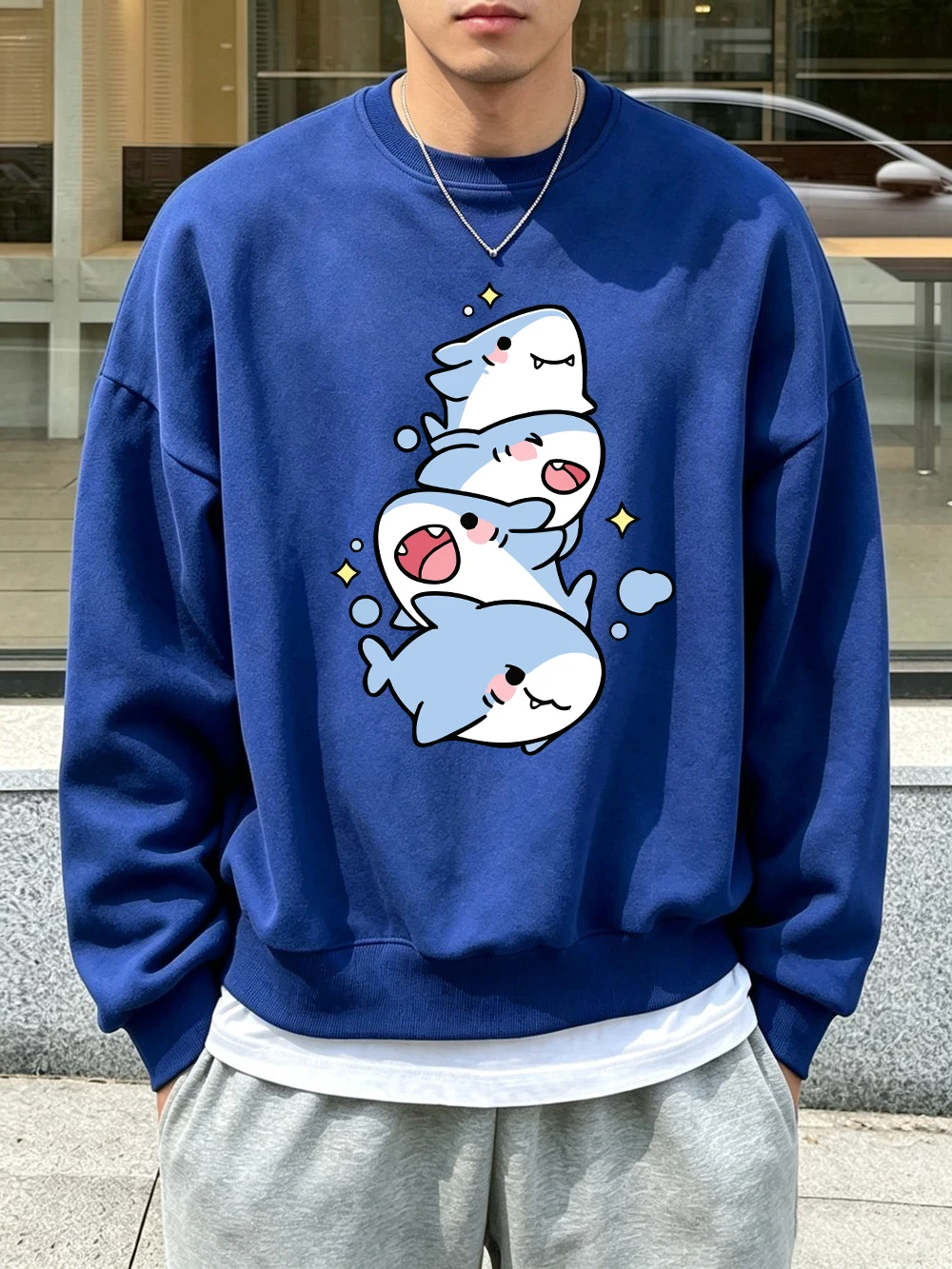 Cute Stacked Baby Shark Printed Mens Hoodie Autumn Crewneck Sweatshirts Jogging Fleece Warm Tops Korean Oversized Male Clothes