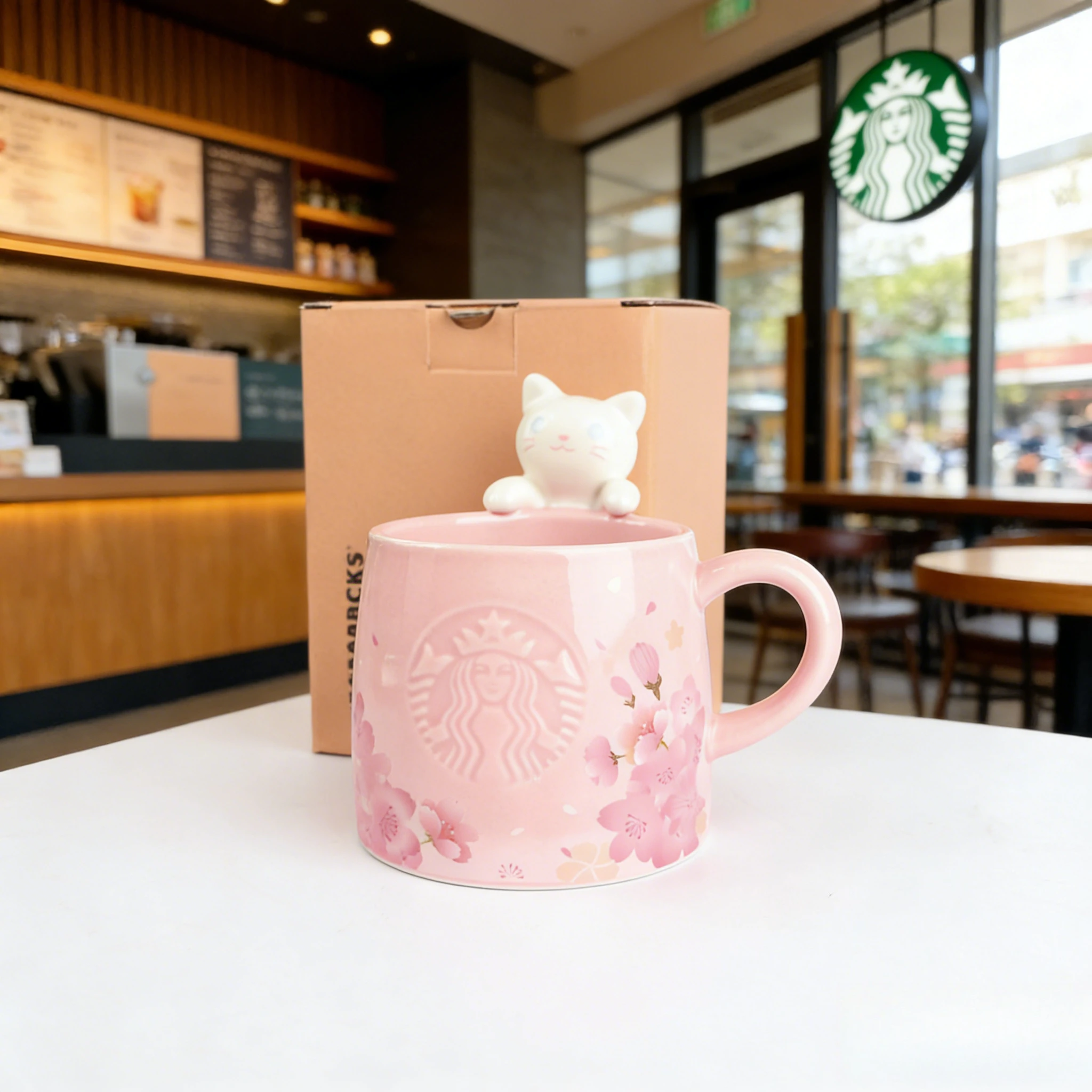 Taza Starbucks Sakura con diseño de gato espiando, 355 ml, taza de cerámica rosa, artículos de bebida coleccionables de primavera