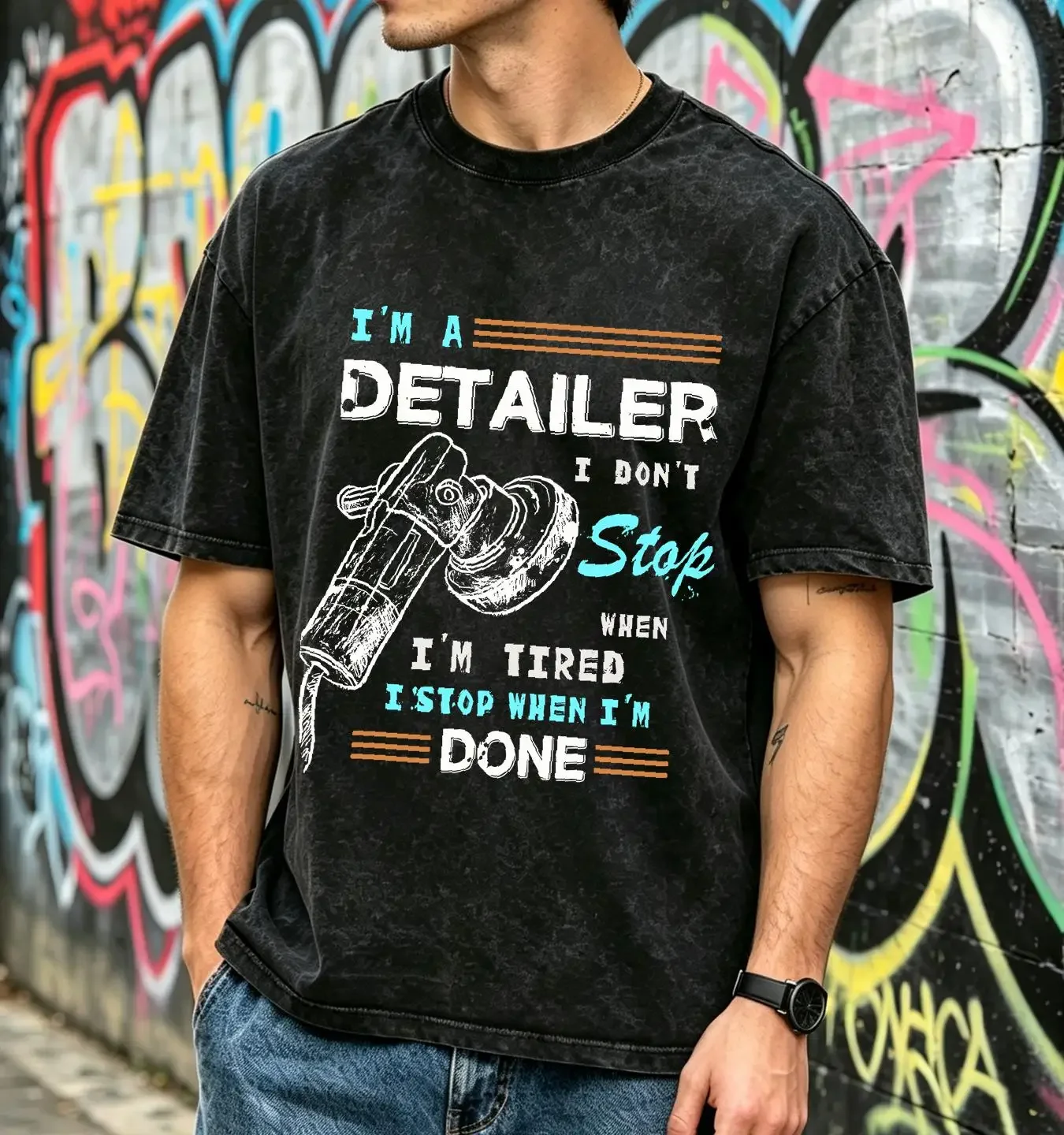 washed T Shirt I'm A Car Detailer I Don't Stop When Tired Auto Detailing NEW long sleeves vintage Washed Versatile streetwear