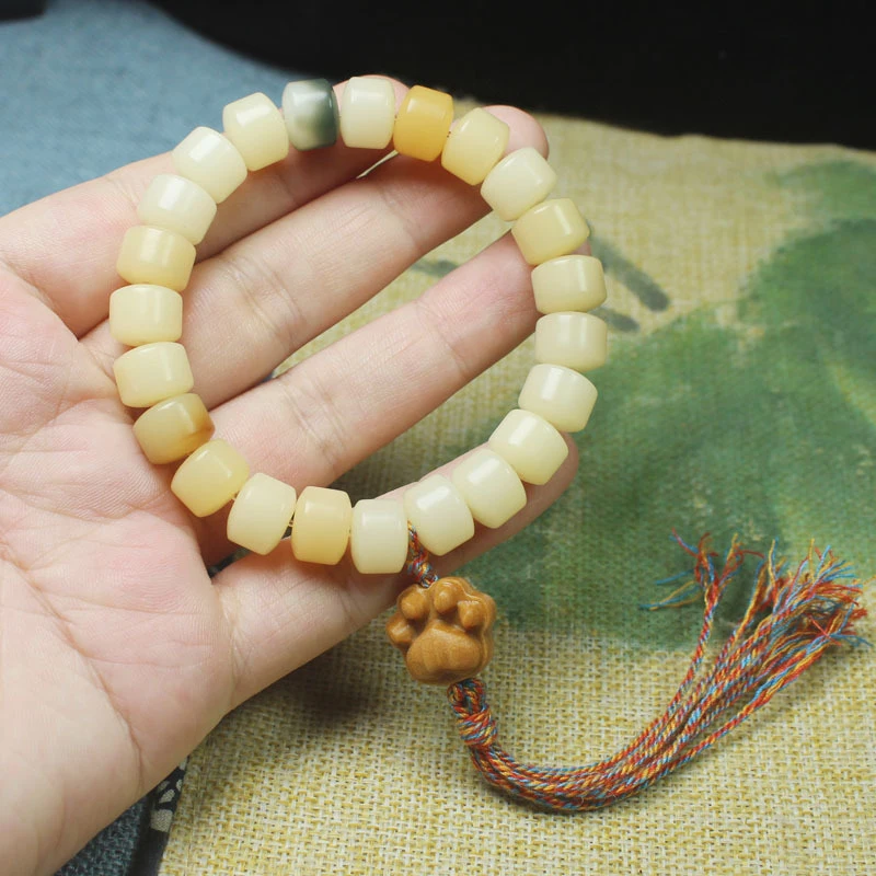Weathered Bodhi Root Barrel Bead DIY Cat Claw Tassel Bracelet, Unisex Cultural and Collectible Prayer Beads 3