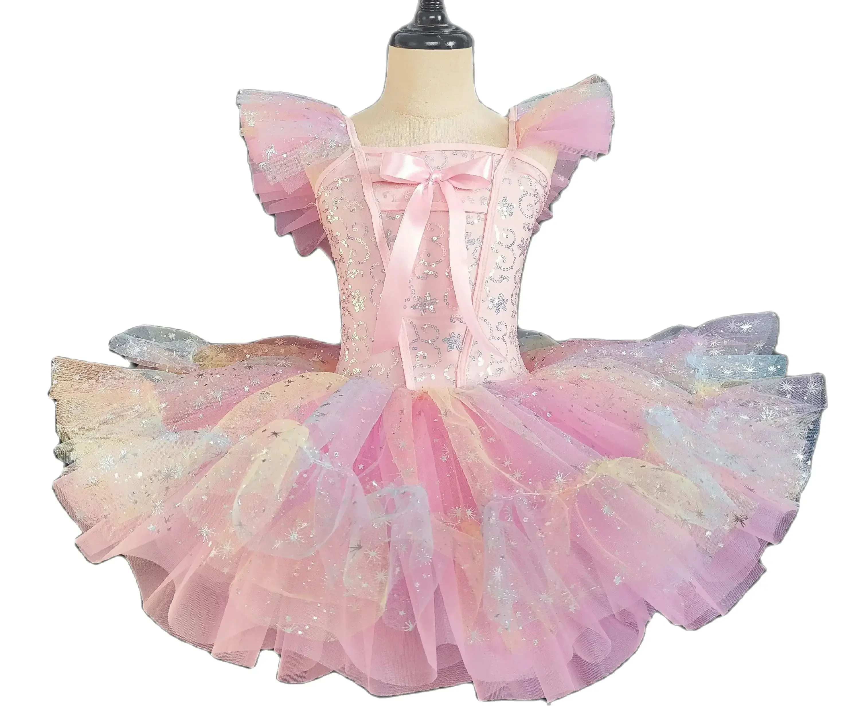 Kinder Ballsaal Kleidung rosa Spitze Pailletten modernen Tanz Tutu Kleid Mädchen Jazz Tanz Kleider Kinder Bühne tragen Prinzessin Kleid