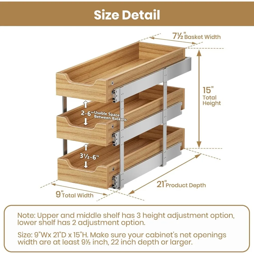 منظم درج منزلق عالي التحمل، 9 عريض × 21 عميق، رف خشبي لتخزين الخزانة، حل سحب الخزانة الأساسية
