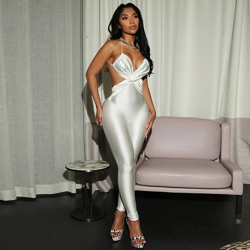 Kombinezon damski Sister Star, modny, błyszczący, z krzyżowymi ramiączkami, bez pleców, typu camisole, obcisły, z wysokim stanem, spodnie długości 7/8, strój kombinezonowy.